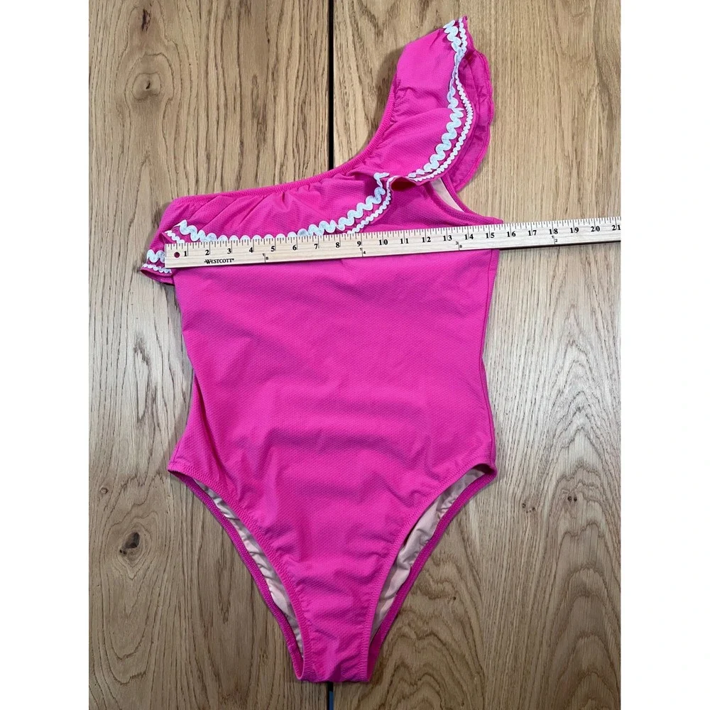 J.Crew One-Shoulder Ruffle One-Piece Swimsuit Womens 10 Pink Rickrack Preppy